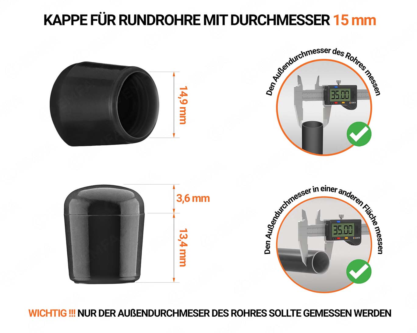 Schwarze Endkappen für Rundrohre Außendurchmesser 15 mm mit technischen Abmessungen und Anleitung für korrekte Messung