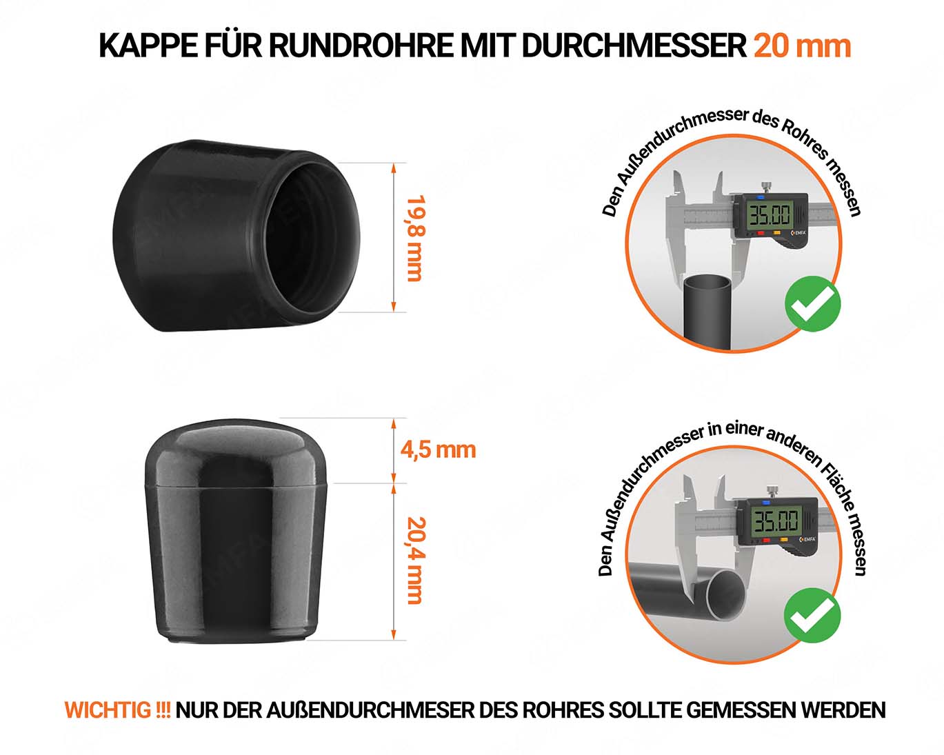 Schwarze Endkappen für Rundrohre Außendurchmesser 20 mm mit technischen Abmessungen und Anleitung für korrekte Messung