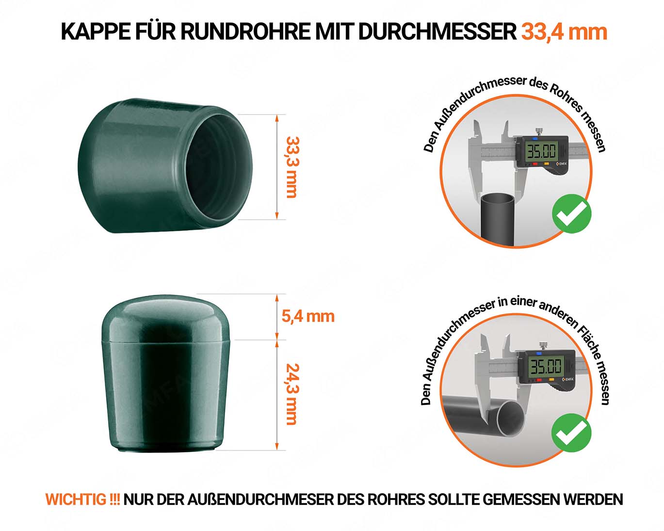 Grüne Endkappen für Rundrohre Außendurchmesser 33,4 mm mit technischen Abmessungen und Anleitung für korrekte Messung