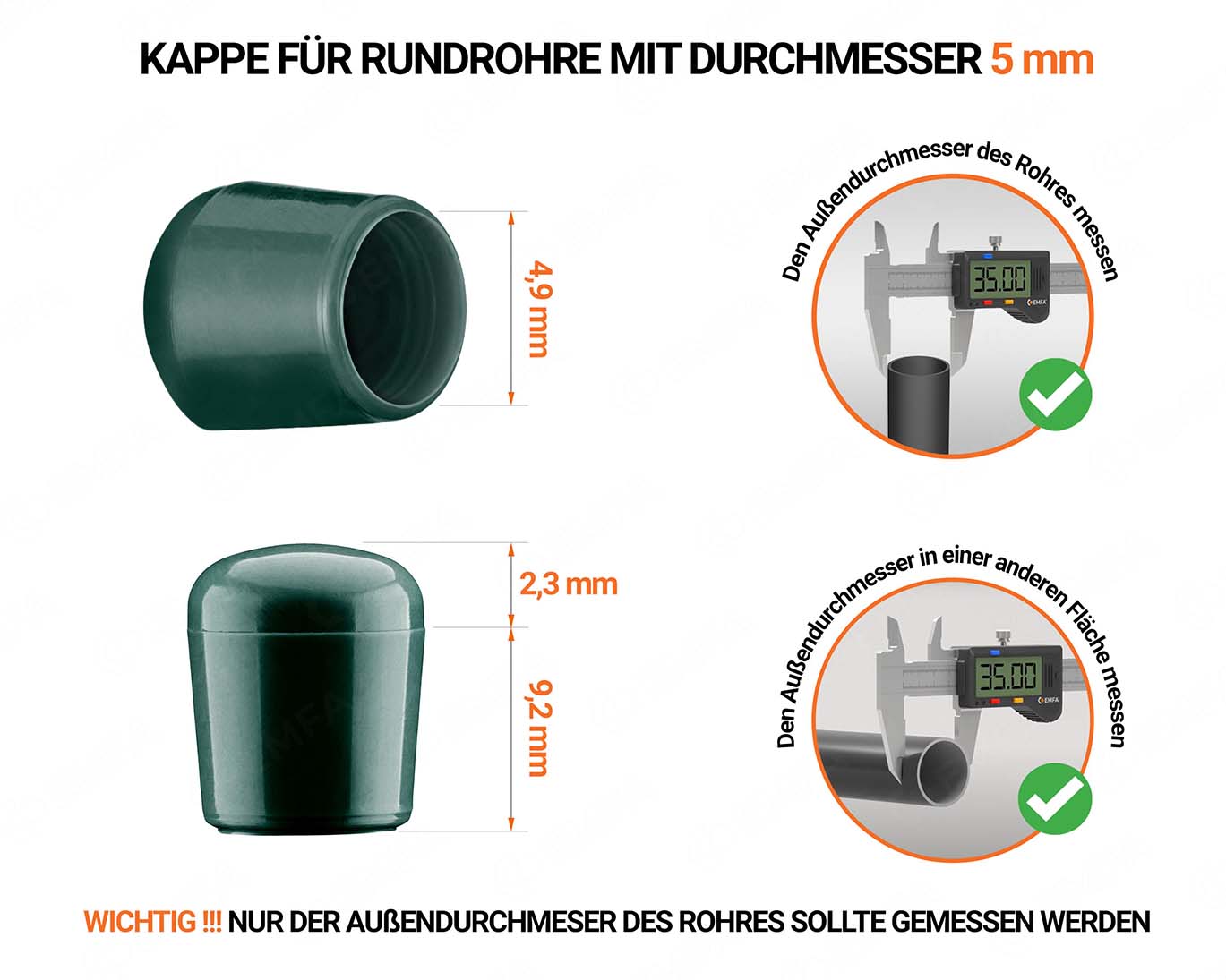 Grüne Endkappen für Rundrohre Außendurchmesser 5 mm  mit technischen Abmessungen und Anleitung für korrekte Messung