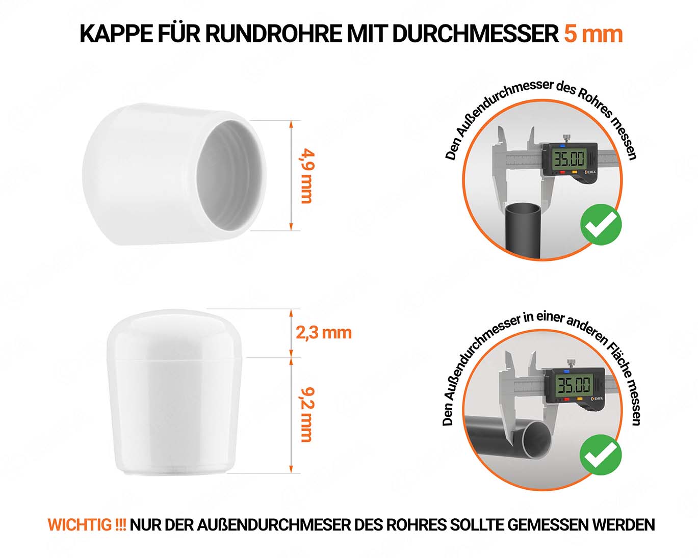 Weiße Endkappen für Rundrohre Außendurchmesser 5 mm  mit technischen Abmessungen und Anleitung für korrekte Messung