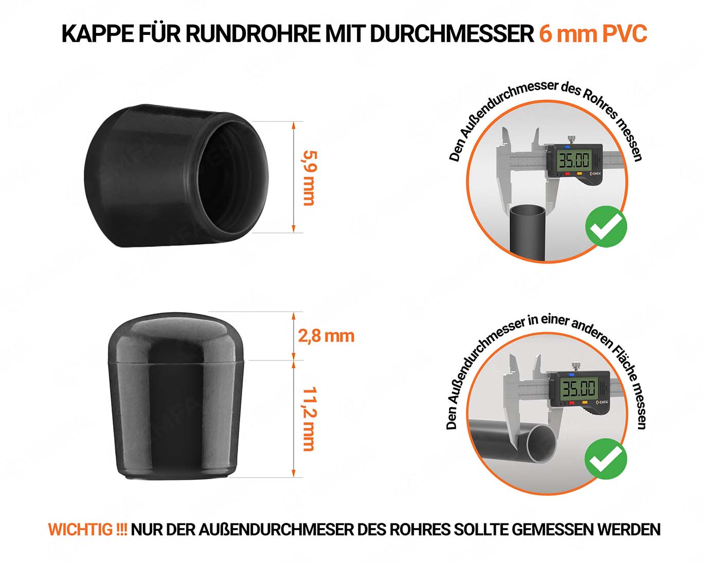 Schwarze Endkappen für Rundrohre Außendurchmesser PVC 6 mm mit technischen Abmessungen und Anleitung für korrekte Messung