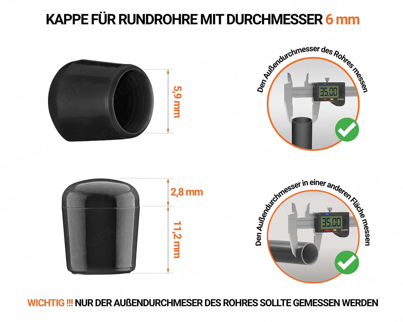 Schwarze Endkappen für Rundrohre Außendurchmesser 6 mm  mit technischen Abmessungen und Anleitung für korrekte Messung