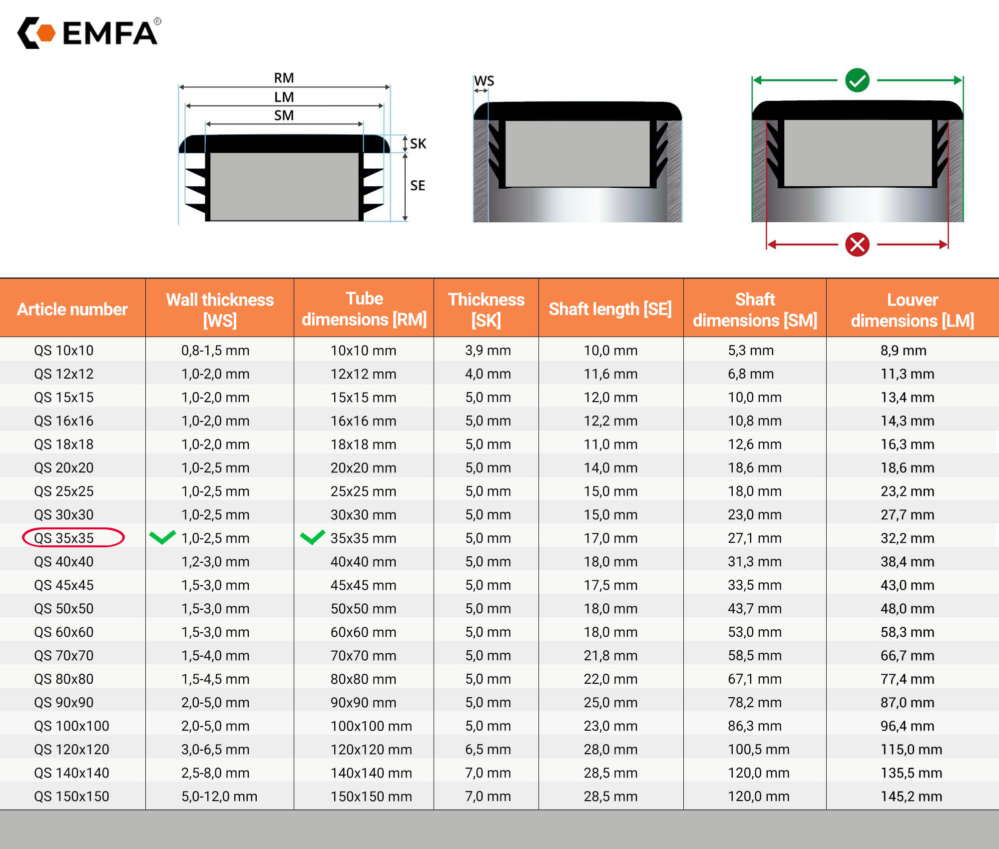  Size table and technical details of strip caps for square tubes35x35 en Black RAL 9005 