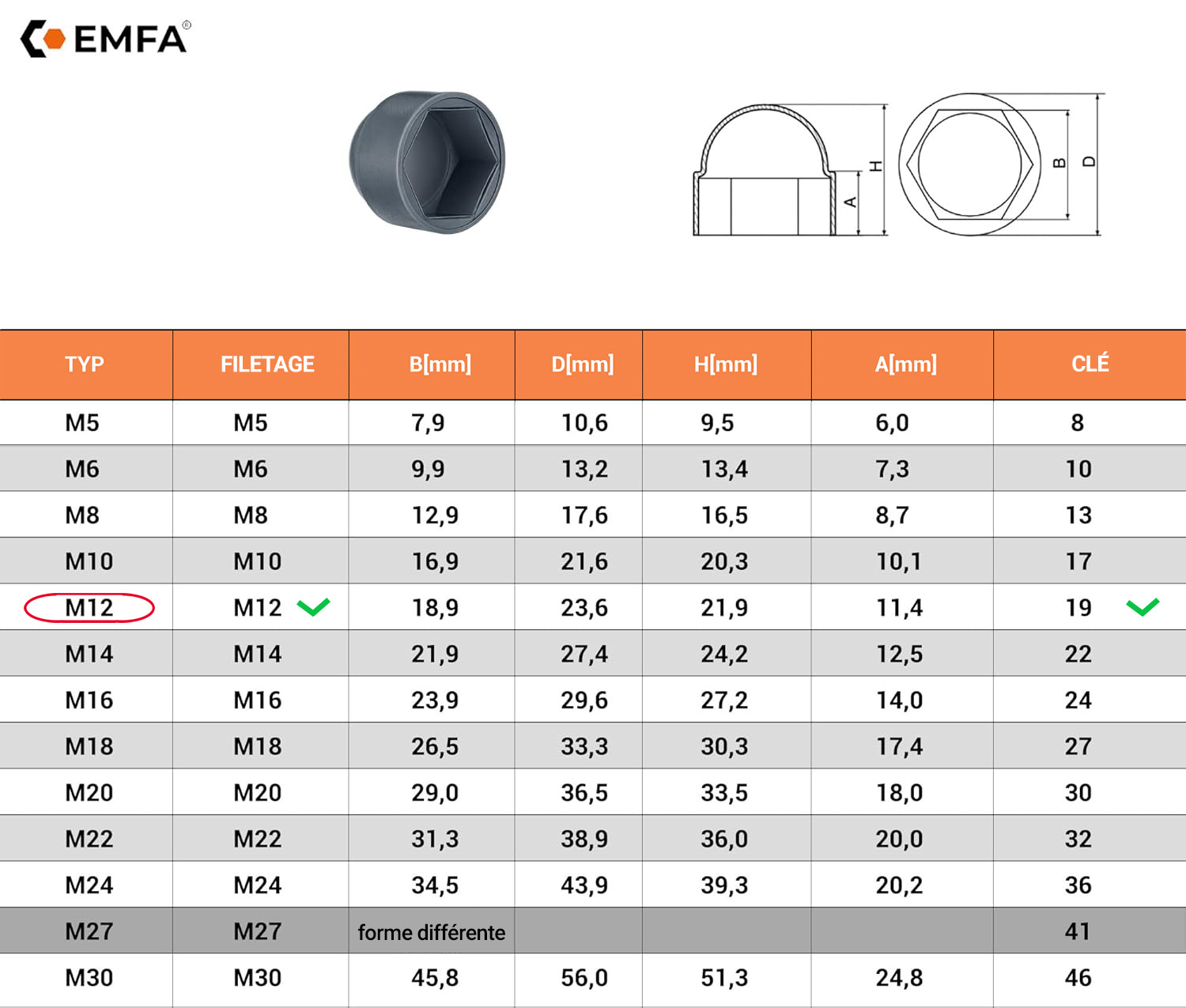  Tableau des dimensions et détails techniques pour les capuchons de protection pour vis M12 en Gris RAL 7040 