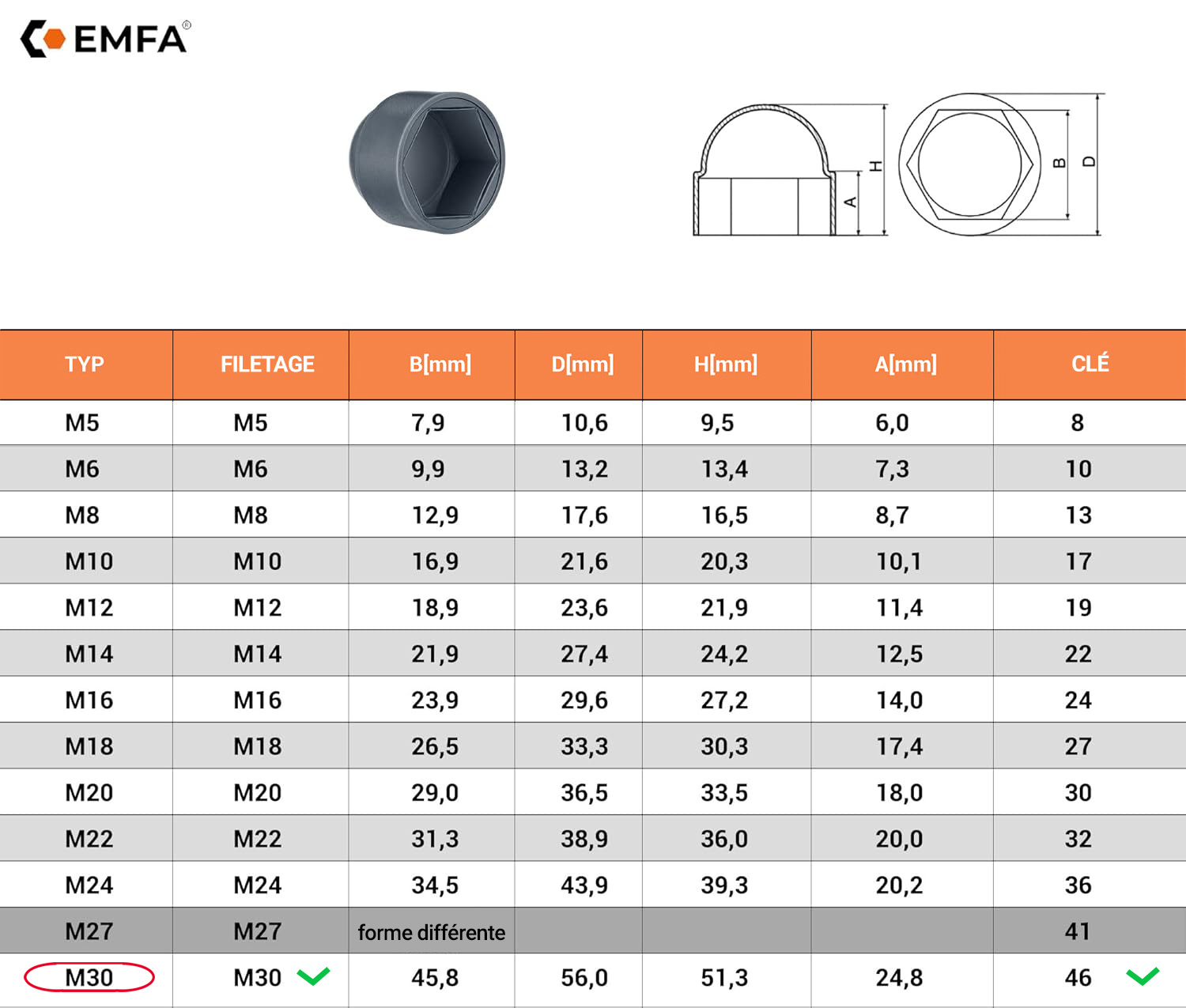  Tableau des dimensions et détails techniques pour les capuchons de protection pour vis M30 en Noir RAL 9005 